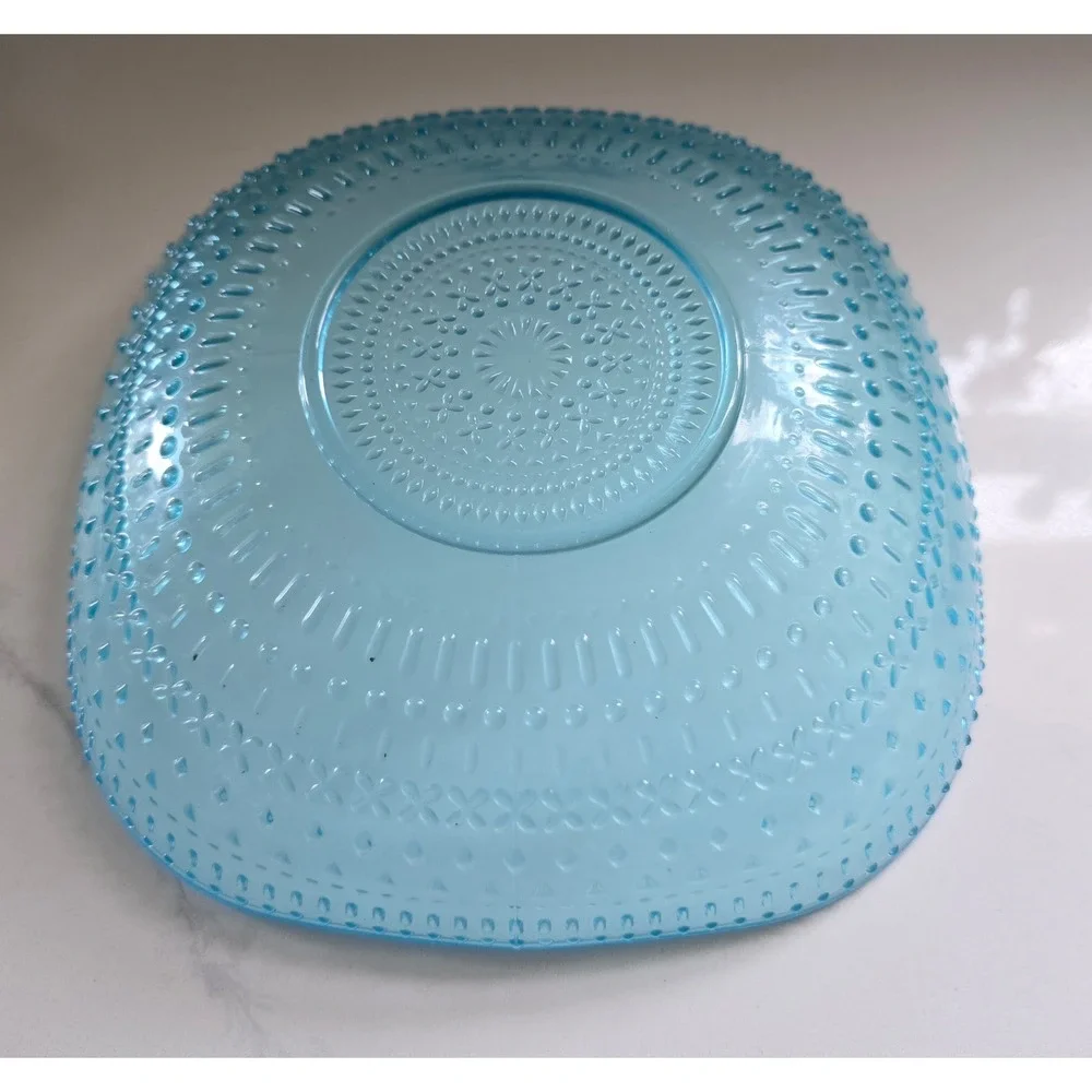 Light Blue Pressed Glass Square‎ Serving Bowl Hobnail Geometric Textured Dish